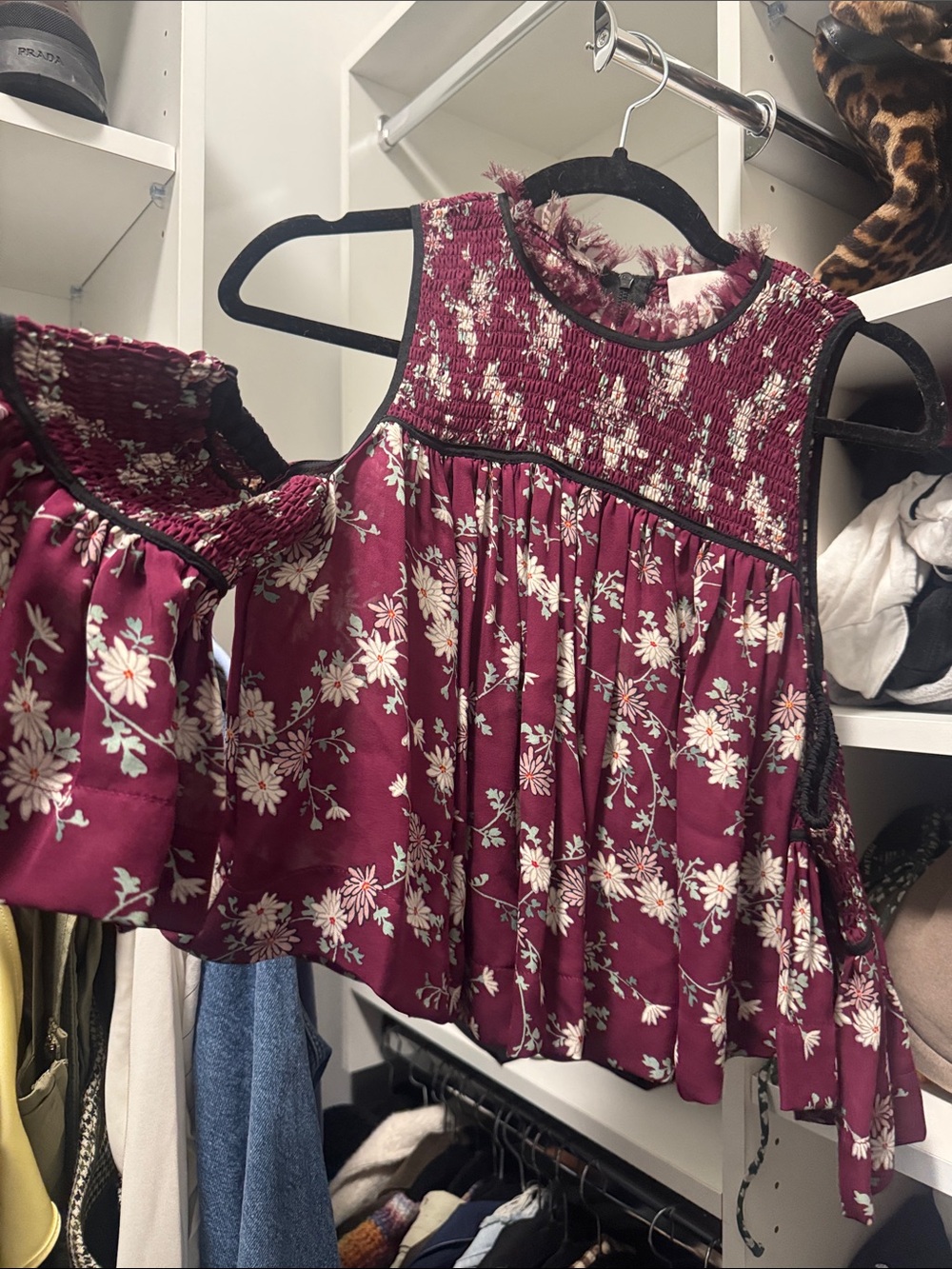 cinq a sept Burgundy Floral Smocked Sleeveless Camisole